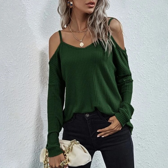Black Waffle knit long sleeve cold shoulder top - Picture 3 of 10